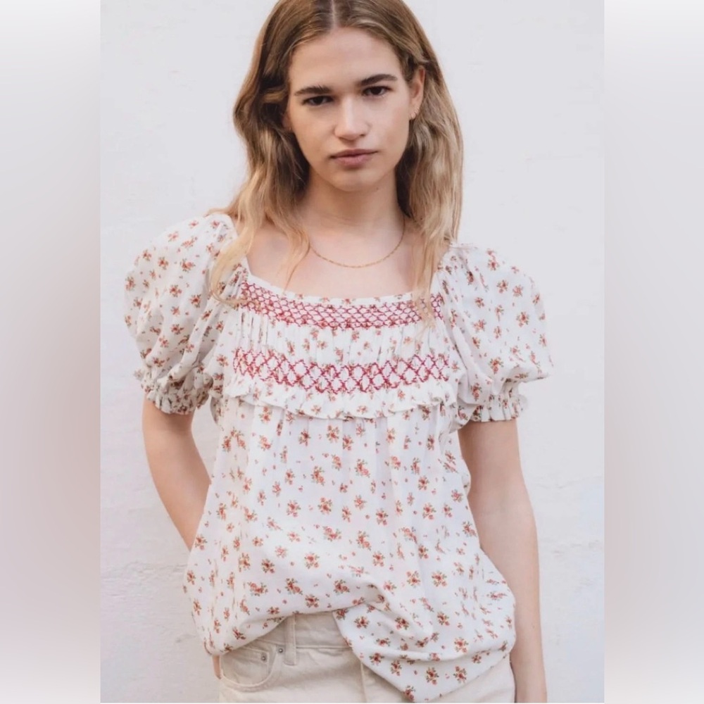 So Mer Smocked Puff Sleeve Floral Frida Blouse Top